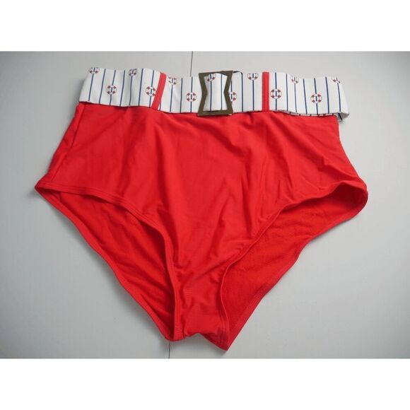 Unique Vintage High Waist Red Bikini Bottom 2X | Nautical Belt | Plus Size Swim - Picture 3 of 5